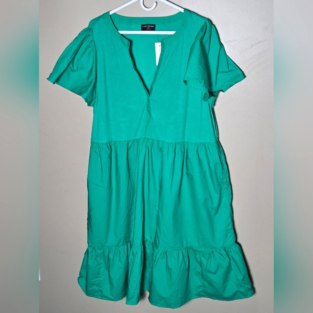 Women's NWT 2X Lane Bryant Kelly Green Tiered Midi Dress Boho‎ Minimalist